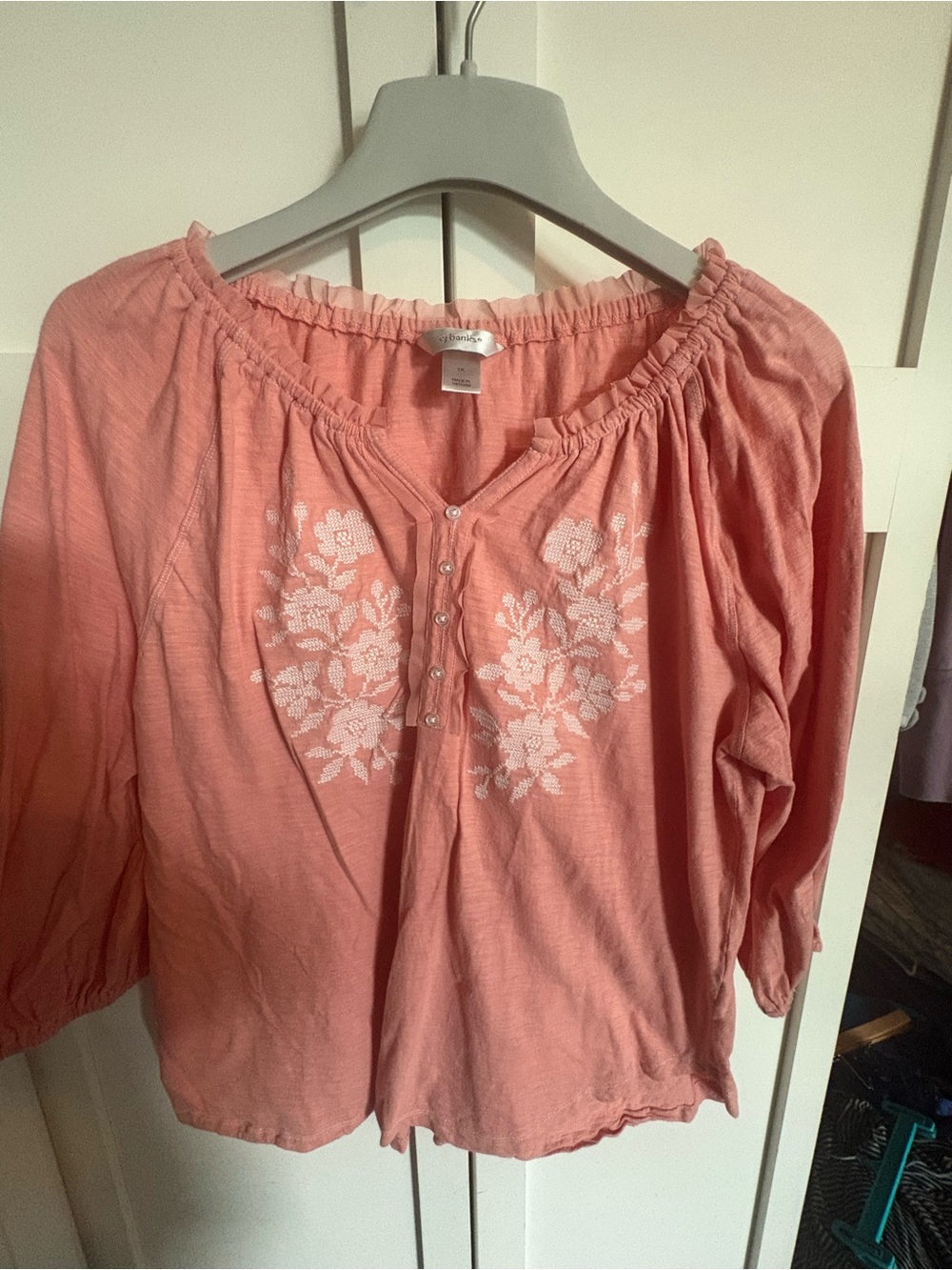 CJ Banks Coral Peasant Blouse with White Floral Embroidery